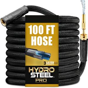 Hydrosteel PRO 100 Ft Metal Garden Hose with Nozzle, Water Hose Made from Heavy Duty 304 Stainless Steel, Flexible, Lightweight, Brass Crush Resistant Fittings, Kink Free, 5/8 Diameter, 600 PSI