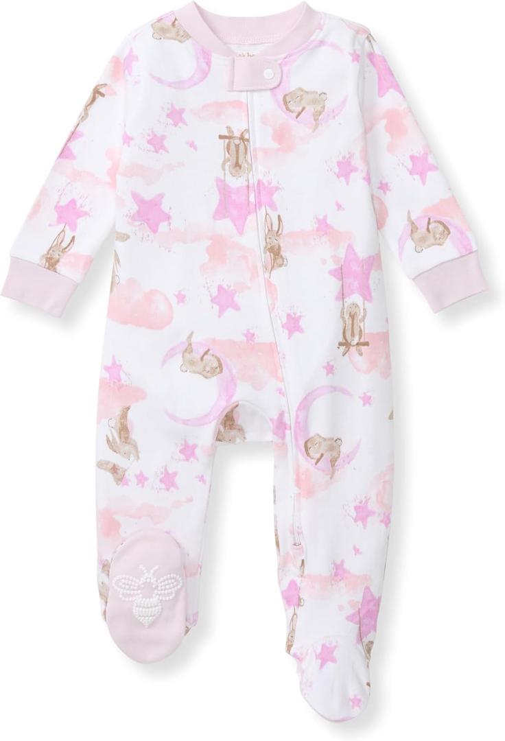 Burt's Bees Baby Girls Zip Front One-Piece Pajamas, Sleep & Play Loose Fit, 100% Organic Cotton, Newborn to 6-9 Months