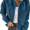 VICHYIE Corduroy Drawstring Hooded Pocket Zip Up Jacket Loose Shacket Coat (X-Large, Blue)
