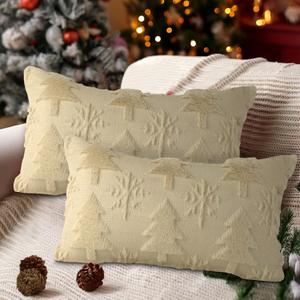 Lanpn 12x24 Christmas Tree Throw Pillow Covers Set of 2, Winter Snowflake Snow Flake Throw Pillow Cases Soft Plush 12 x 24 Winter Cushion Cover for Indoor Home Bedroom Couch Sofa Xmas Decor (Beige)