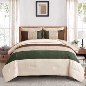 Striped Comforter Set Queen Size, Boho Brown Green Striped Bedding Comforter Set 7 Piece Bed in a Bag, Soft Microfiber Down Alternative Farmhouse Bedding Set for All Season(90"x90")
