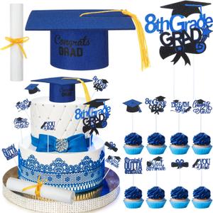27 Pcs 8th Grade Graduation Cake Kit Included Felt Graduation Cap with Tassel Glitter Cupcake Toppers Diploma Decorations for Eighth Grade School Graduate Party Supplies(Blue)