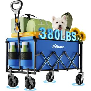 Collapsible Wagon Cart, 380LBS Heavy Duty Utility Wagons with All-Terrain Wheels, Foldable Grocery Carts for Gardening, Shopping, Beach, Camping, Blue