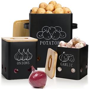 WUWEOT 3 Pack Vegetable Storage Tins, Potato Onion Garlic Storage Canister, Black Metal Vegetable Fresh Keeper Caddy, Kitchen Pantry Organizer Jars with Bamboo Lid and Aerating Holes