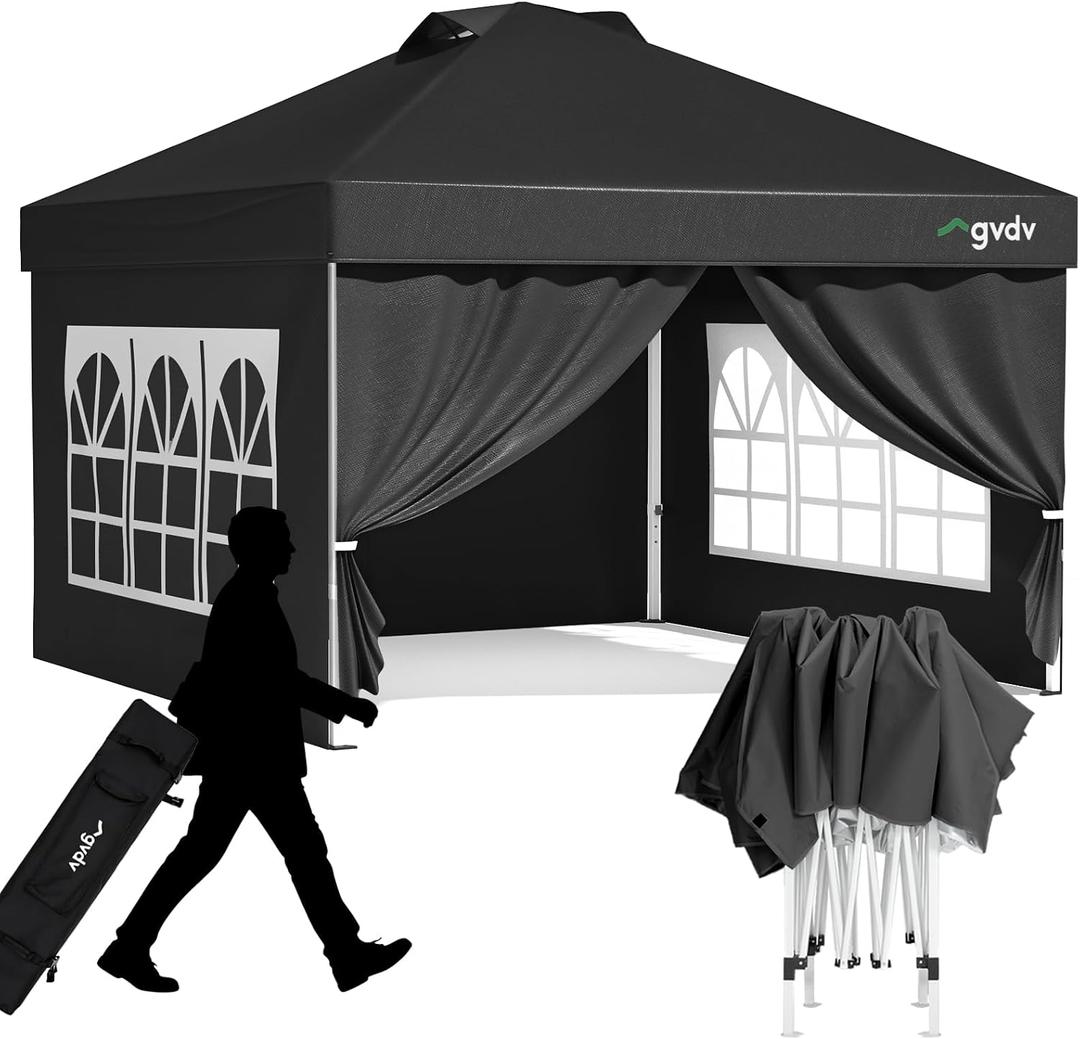 GVDV 10x10 Pop Up Canopy Tent with 4 Sidewalls, Beach Tent with One Push Setup, Outdoor Sun Shade for Events, Parties, Camping - Gazebo with Wheelbag, Black, CP23 B