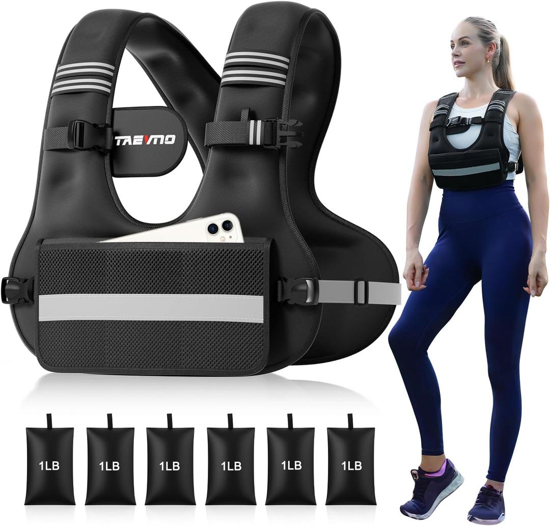 TAEVNO Adjustable Weighted Vest for Women Men, 6-12lb Comfort Fit - U-Shaped Ergonomic Weight Vest with 6 Removable Iron Sandbags, Large Front Mesh Pocket & Reflective Strips, Ideal for Running, Walking, Strength Training, HIIT, Cardio Workouts（Black）