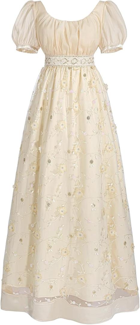 LTAKK Regency Dress Women Regency Costume Empire Waist Dresses Tea Party Victorian Gown Embroidery (Large, Gold)