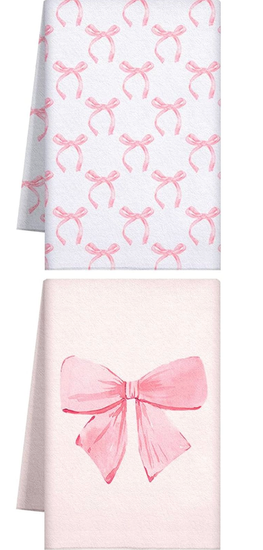 Macarrie 2 Pcs Pink Bow Coquette Kitchen Towels Trendy Cute Pink Hand Towels Coquette Bow Gifts Preppy Microfiber Kitchen Supplies for Hostess Housewarming, 18 x 26 In