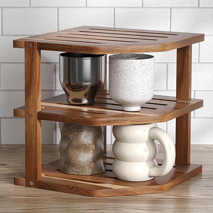VERTORGAN 3 Tier Acacia Wood Corner Shelf,Dish Drying Rack,Plate Organizer,Kitchen Spice Rack for Countertop and Cabinet,Pantry Organization and Storage