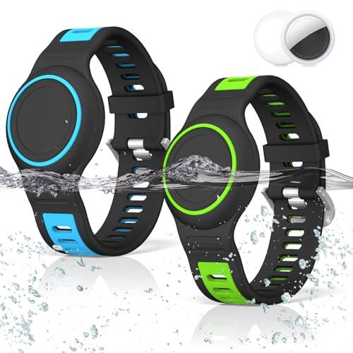 [2-Pack] Waterproof Bracelet for AirTag 2nd Gen (2026) & 1st Gen, Silicone Airtag Wristband Holder Full Coverage Protective Cover Hidden Air Tag Holder for Kids Child Elderly (Blue+Green)