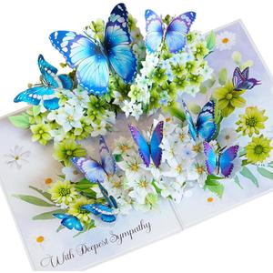 Flowers w Butterflies Pop Up Sympathy Cards with Envelopes, Sorry for Your Loss Card, Religious Pop Up Sympathy for Loss of Loved one, Mother, Father, Husband (Size 6x8 in  Sympathy)