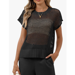 Women Summer Short Sleeve Crochet Sheer Knit Sweater Top Beach Cover Up Hollow Out Sexy See Through T-Shirts XL