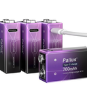 2 x Pallus 9V Rechargeable Battery Pack, 4-Pack 760mAh Li-ion USB 9 Volt Battery for Smoke Alarms, Wireless Microphones, Smoke Detectors, Toys, Flashlights, Guitar