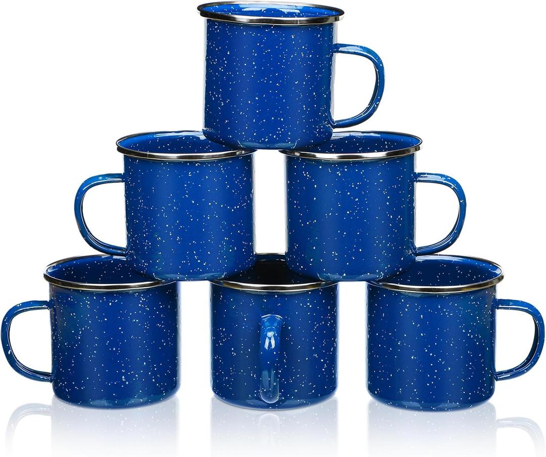 6 Pcs Enamel Camping Mugs Small Coffee Mugs Tea Cups Portable Vintage Campfire Camping Cups Bulk with Handle for Coffee Tea Home Picnic Travel Indoor and Outdoor Activities,12 oz (Blue)