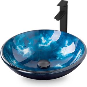 Bathroom Artistic Vessel Sink, Tempered Glass Vanity Round Bowl with Oil Rubber Bronze Faucet and Pop up drain Set, Ocean Blue, 16.5 x 5.5 inches