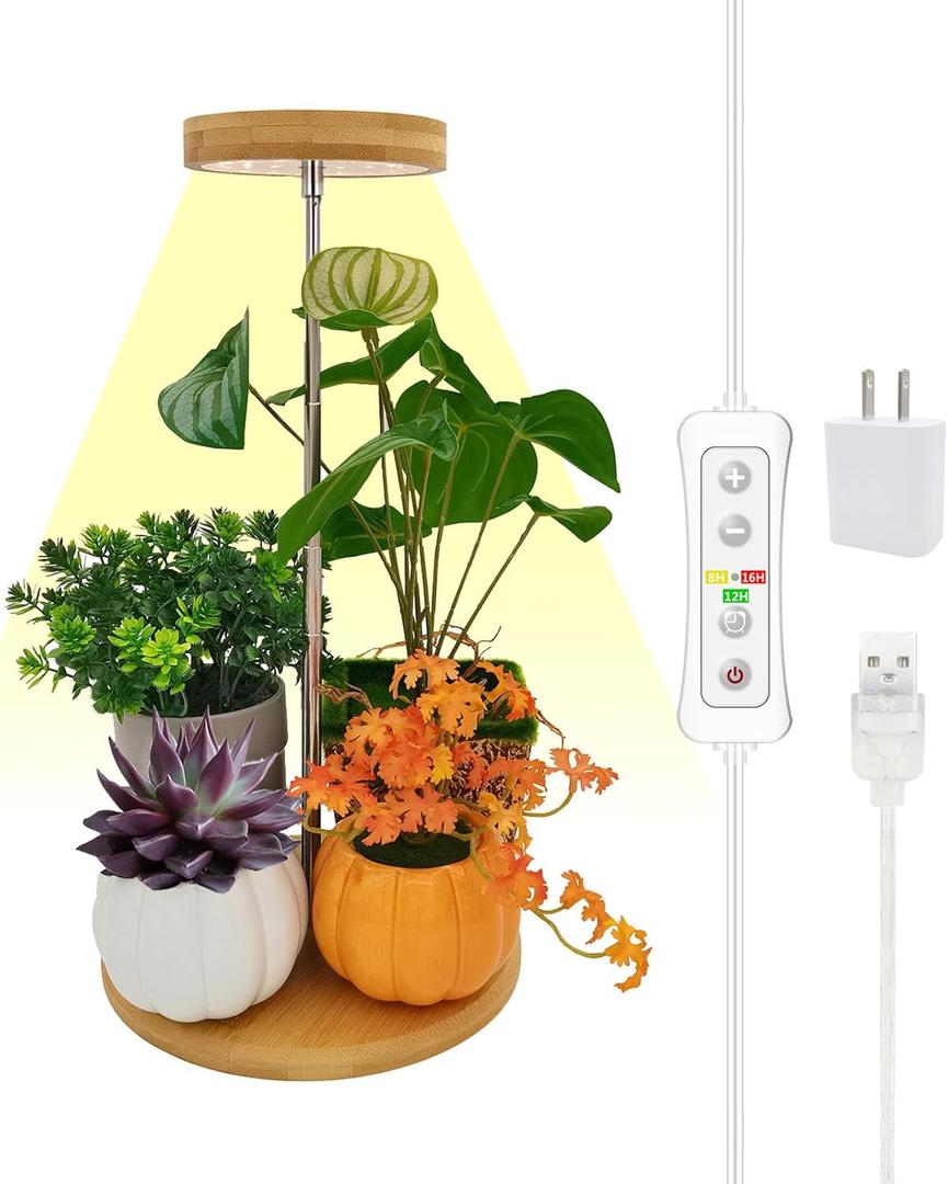 Plant Grow Light for Indoor Plant,Bamboo Mini LED Grow Light Garden,Height Adjustable,Automatic Timer with 8/12/16 Hours (Base+Light 1pack)