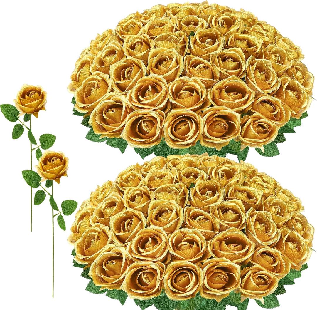 72 Pcs Artificial Roses Gold Fake Silk Roses Realistic Roses Faux Flower Indoor Wedding Home Decor, Birthday Decorations