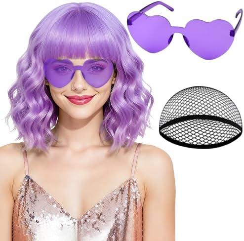 PLULON Light Purple Wavy Bob Wigs with Bangs Heart Sunglasses Hair Cap for Women, Colored Synthetic Hair Short Bob Loose Curly Shoulder Length Wigs for Costume Bachelorette Party Music Festival