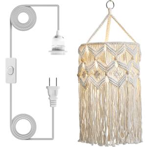 Boho Lamp Shade,Macrame Pendant Light Shade, Handmade Boho Light fixtures Hanging Lights with Plug in Cord,Boho Hanging Lamp for Living Room Bedroom(Type 2)