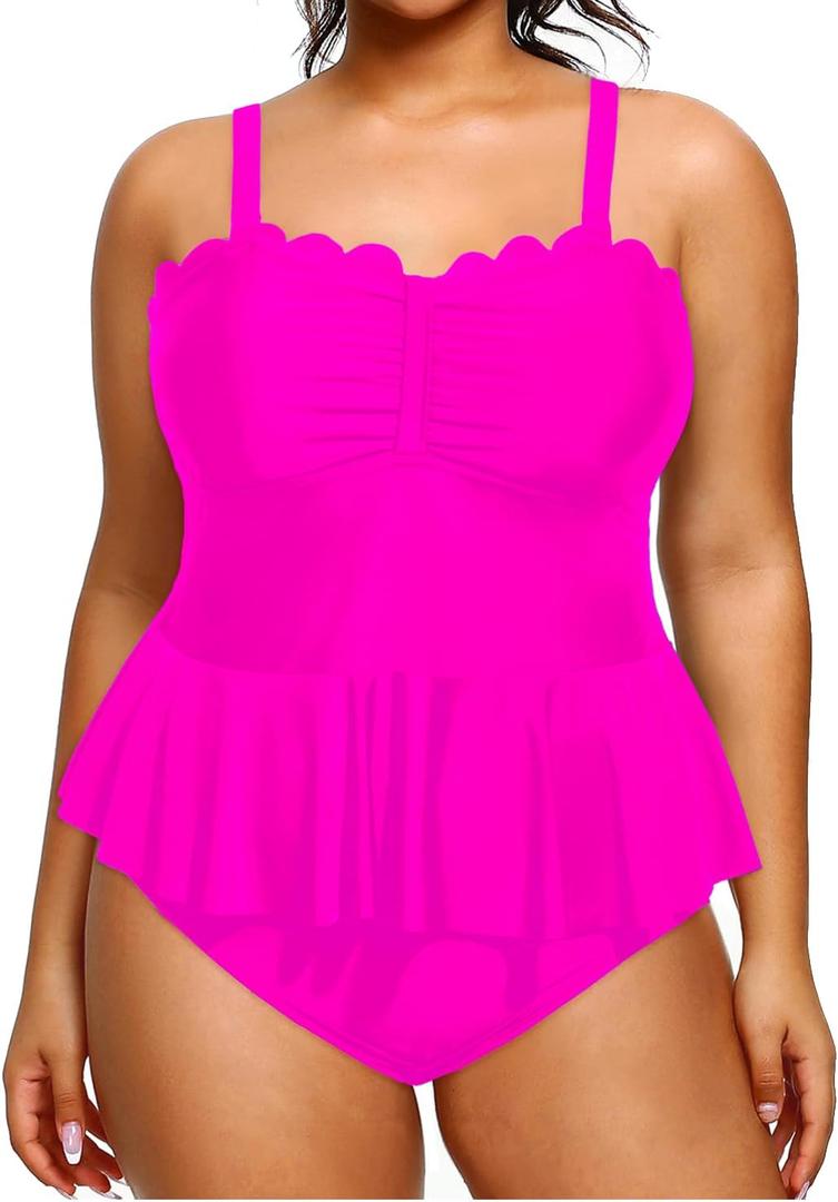 Yonique Women Plus Size 2 Piece Tankini Swimsuits Ruched Bathing Suits Peplum Swimwear Scalloped Swimsuits (Hot Pink) Size 22W