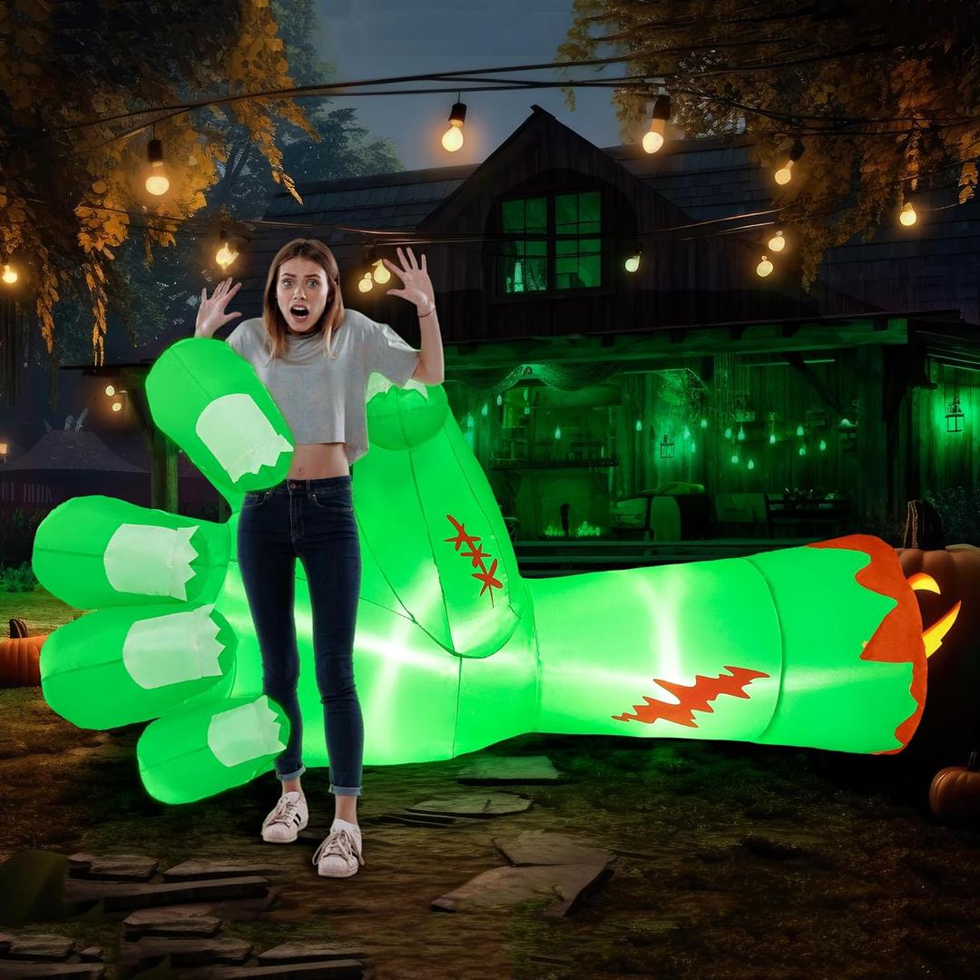 Joiedomi 9 Ft Long Giant Halloween Inflatables Zombie Arm Outdoor Decoration, Giant Arm Blow Up Yard Decoration with Built-in LEDs, Halloween Inflatables Zombie Arm Party Supplies for Yard Garden Lawn
