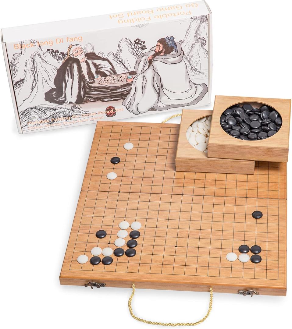 19 x19 Folding Go Game Set Board with and Bamboo Bowls and Imitation Jade Go Pieces。