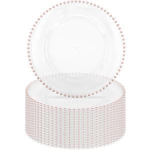 24 Pack Clear Acrylic Round Charger Plates With Rose Gold Beaded Rim, 13 Inch Plate Chargers for Dinner, Plastic Decorative Plates, Table Chargers for Wedding, Party, Event (Rose Gold)