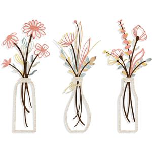 3 Pieces Metal Flowers Wall Arts - Rustic Farmhouse Style Dcor Metal Wall Art Black Minimalist Flower Natural Themed Wall Decors for Home Bedroom Dining Room Housewarming (Pink Beige)