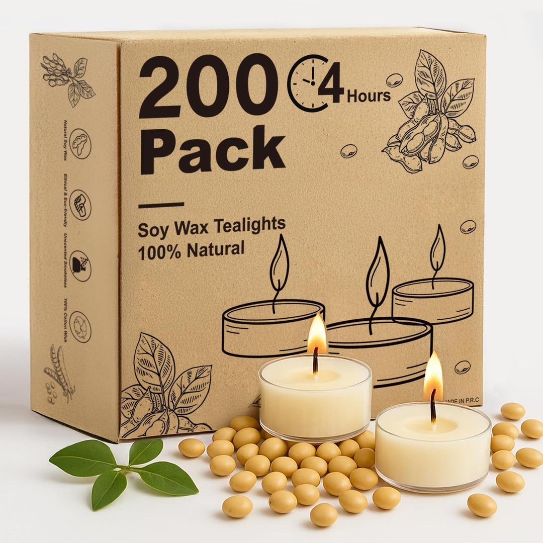 Crenovo Soy Wax Tea Light Candles 200 Pack, 4 Hour Long Burning Unscented Tea Lights, Non-Toxic, Smokeless, Mini Votive Candles for Wedding, Party, Dinner, Emergency