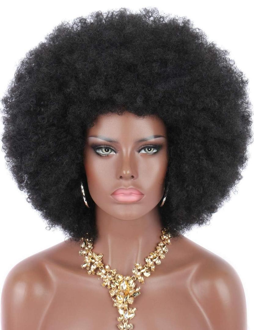 Kalyss 16" Women's Short Afro Kinky Curly Hair Black Wigs for Black Women Afro Wig Large Bouncy and Soft Natural Looking Premium Human Hair Blended Hair Wigs for Women,150% Density