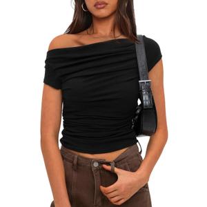 Darong Women's Summer Cap Sleeve Boat Neck Off Shoulder Top Going Out Slim Fit Tops Y2K Tight Shirts (X-Large, Black)