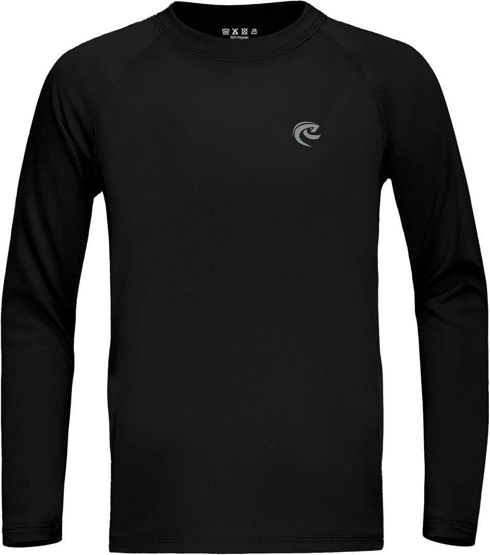 Boys UPF 50+ Swim Shirt Long Sleeve, 1 or 2 Pack UV Sun Protection Rash Guard, Youth Kids SPF Water Shirts for Beach Surf (Black), XL