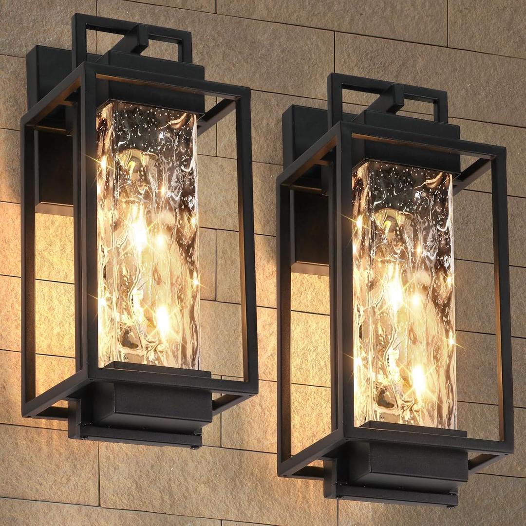 BesLowe 2-Pack Modern Outdoor Wall Lights with 2 LED Bulbs, 15 Exterior Lighting Fixtures Wall Mount with Water Ripple Glass, Black Porch Lights Outdoor Wall Sconces, Outside Lights for House Garage