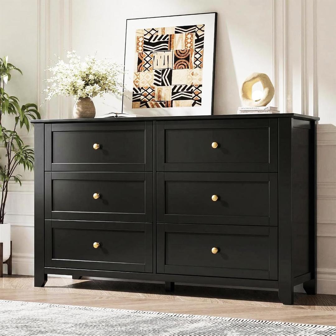 GarveeHome 6 Drawer Dresser for Bedroom, Black Dresser with Deep Drawers & Metal Knobs, Large Modern Wooden Chests of Drawers for Entryway, Hallway