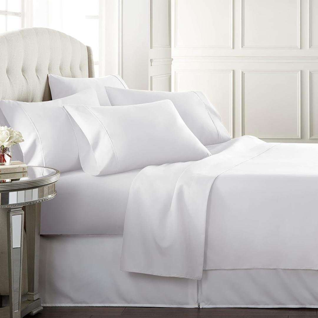 Danjor Linens King Sheet Set 6 Piece Hotel Quality Bed Sheet w/ 4 Pillowcases - Microfiber Sheet Sets with Deep Pockets, Breathable Cooling Wrinkle Free, Machine Washable for King Size Bed, White