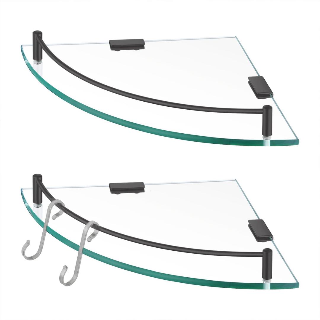 KES Bathroom Glass Corner Shelf Tempered Glass Shelf with Rail Wall Mount Corner Shelf SUS 304 Stainless Steel Matte Black 2 Pack, BGS2101A-BK-P2