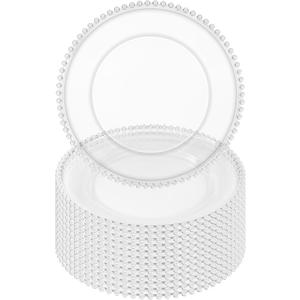 12 Pack Clear Charger Plates Bulk Wedding, 13 Inch Plastic Round Dinner Chargers with Clear Beaded Rim, Acrylic Round Decorative Plates for Wedding Party Home and Tabletop Decor