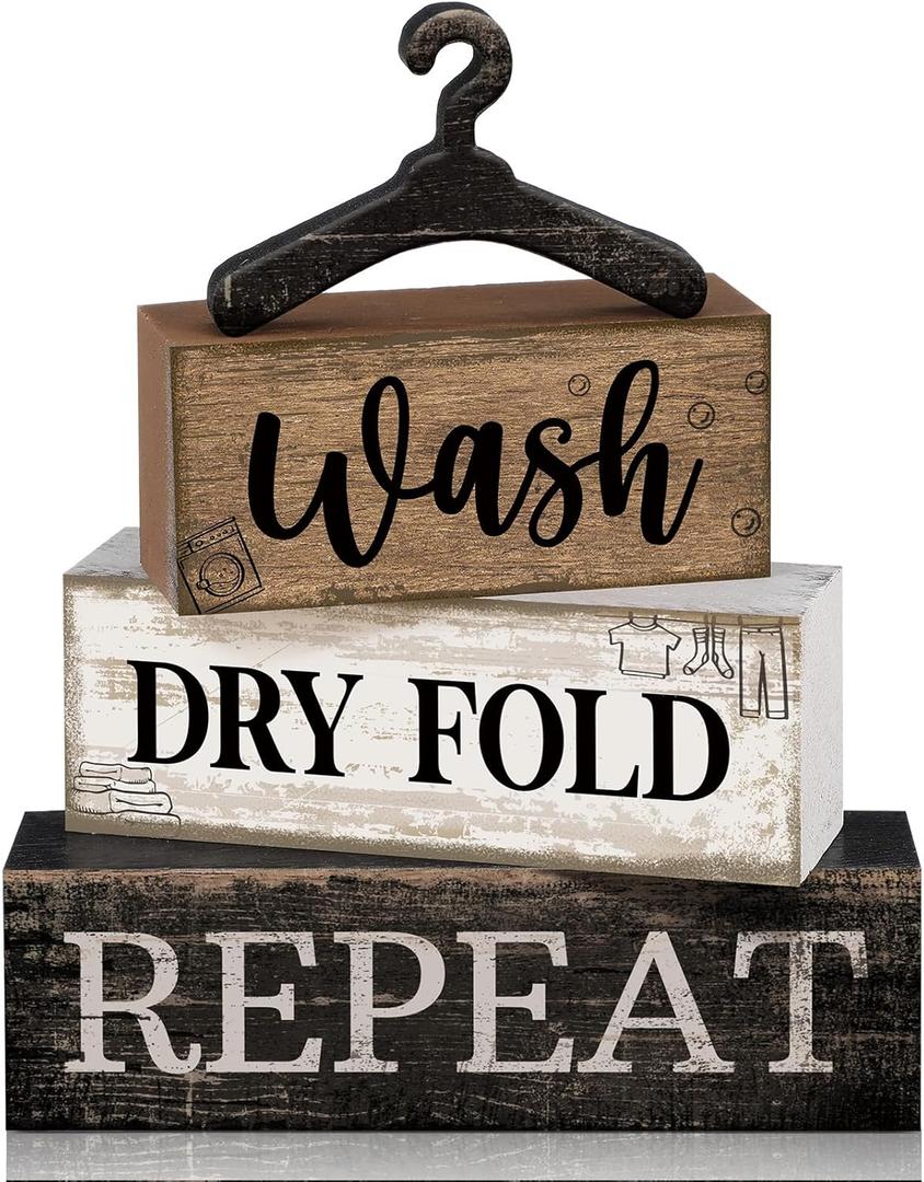 Moucuny 4 Pcs Farmhouse Laundry Room Decor Stacked Blocks, Wash Dry Fold Repeat Wooden Sign Set with Vintage Hanger - Rustic Home Shelf Decor for Laundry Area Housewarming Gift