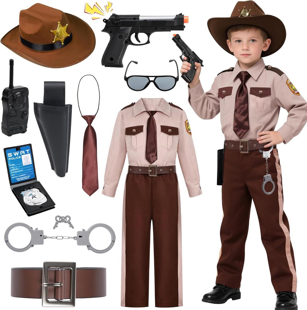 Kids Police Officer Costume Western Sheriff Cowboy Uniform Child Sheriff Outfit for Halloween Costumes (8-10 Years)