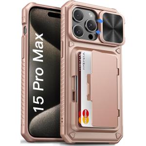Vihibii for iPhone 15 Pro Max Wallet Case with Card Holder (4 Cards) & Slide Lens Cover & Stand, Shockproof Rugged Hard Back & Raised Edges Protection Case for iPhone 15 Pro Max, 6.7" 2023, Rose Gold