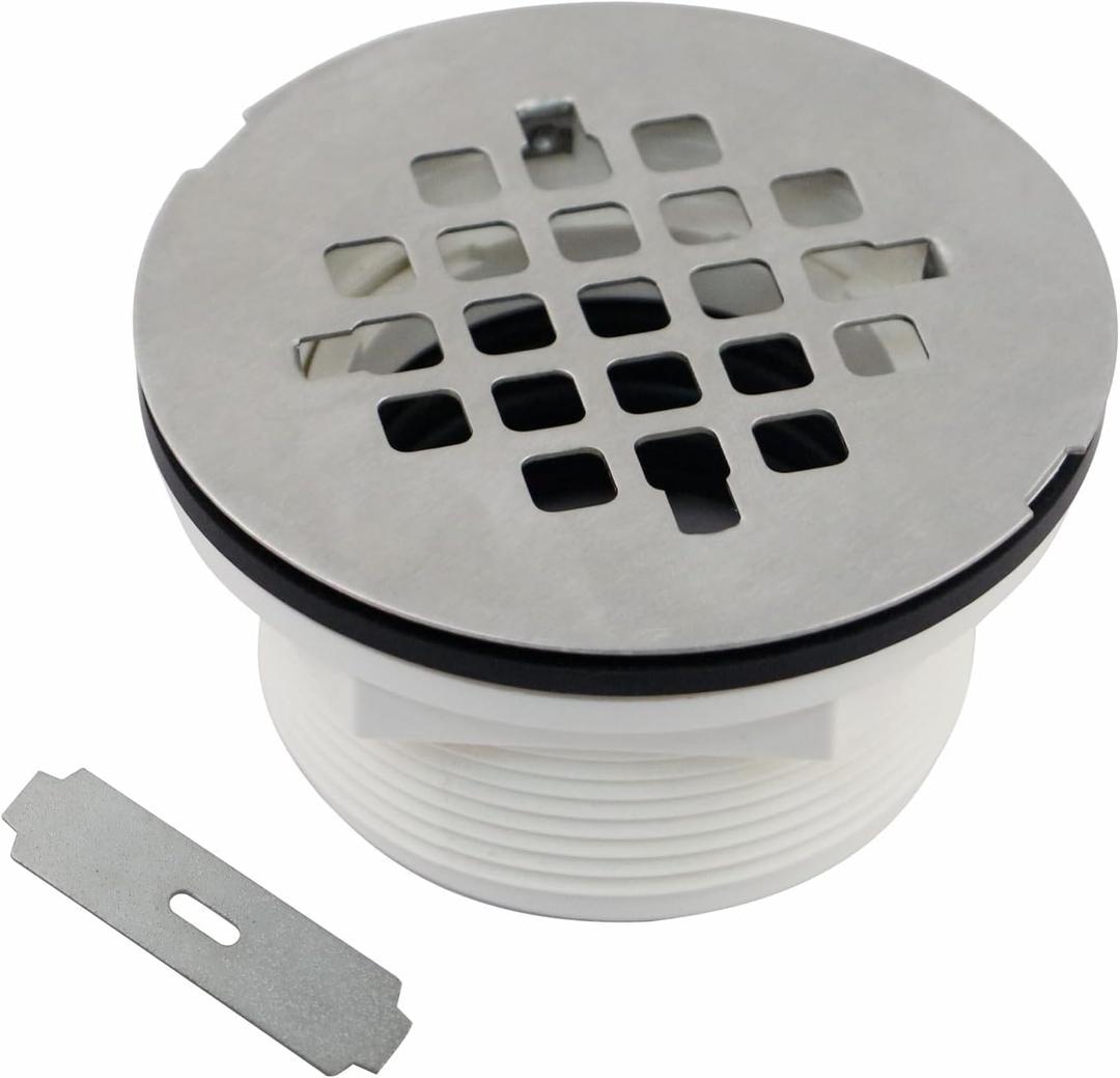 Brushed No Caulk Shower Drain, Welsan PVC Compression Shower Floor Drain with 4-1/4" Stainless Steel Round Grid Strainer Cover, Brushed Nickel