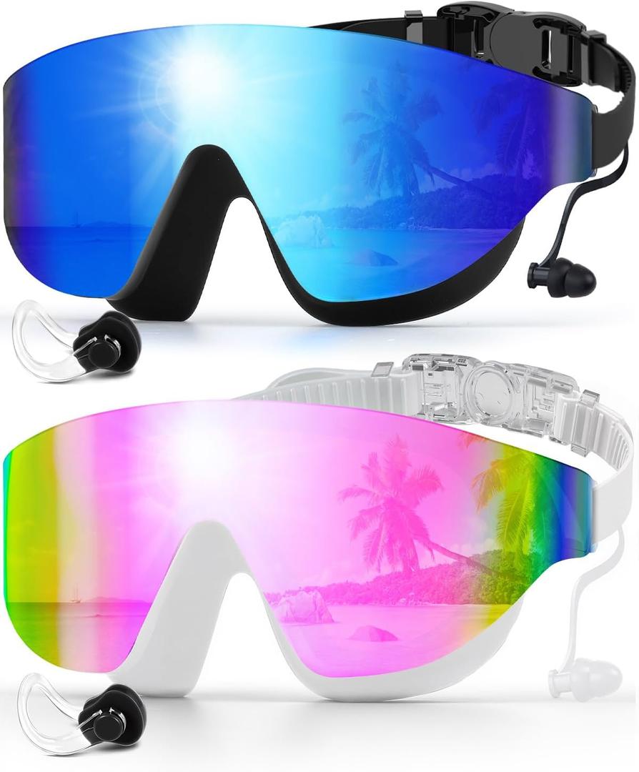 Swim Goggles, Frameless Wide View Swimming Goggles, Anti-Fog Anti-UV No Leaking Pool Goggles for Men Women Adult (Blue & Pink)