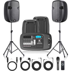 8-Channel Portable PA System with Bluetooth, Microphone, 2 Speaker Stands, USB, Reverb/Delay Effects - Perfect for Outdoor Events, Parties, Weddings, Church Services (2 x 10 Woofers)
