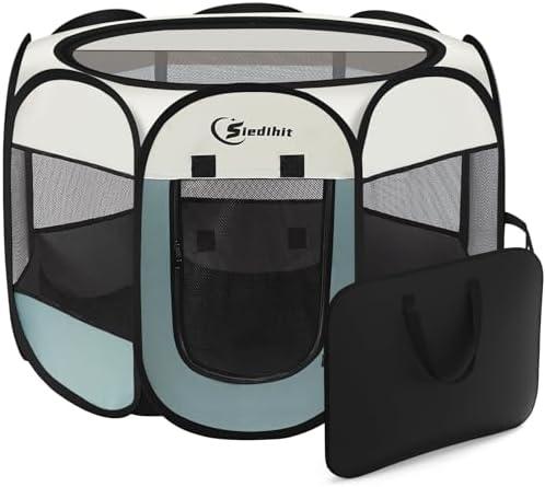 Dog Playpen, Small Dog Crate for Indoor Outdoor Travel Camping Use, Foldable Pop Up Pet Kennel Playpen with Carring Case, Removable Top, Exercise Pen Tents for Pets/ Dogs/ Cats/ Rabbits (Large, Grey)