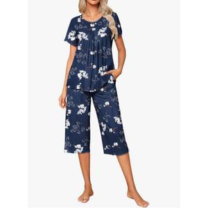 Ekouaer Pajama Set for Women 2 Piece Capri Pants Short Sleeve Top Sleepwear Soft Pjs Loungewear with Pockets  L