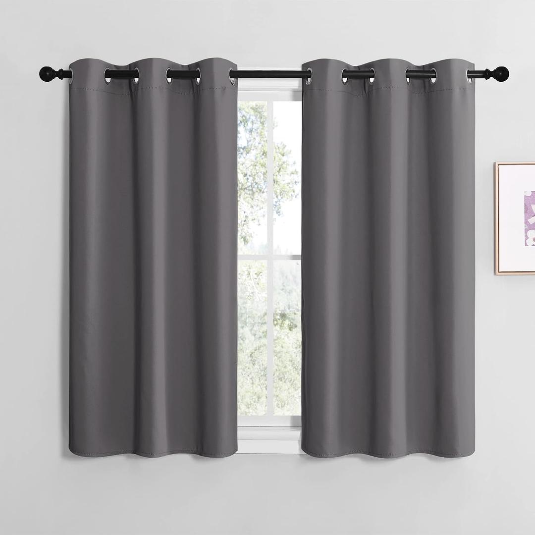 NICETOWN Grey Blackout Curtain Panels for Bedroom, 2 Panels, W29 x L30-inch, Thermal Insulated Grommet Top Blackout Draperies and Drapes for Basement
