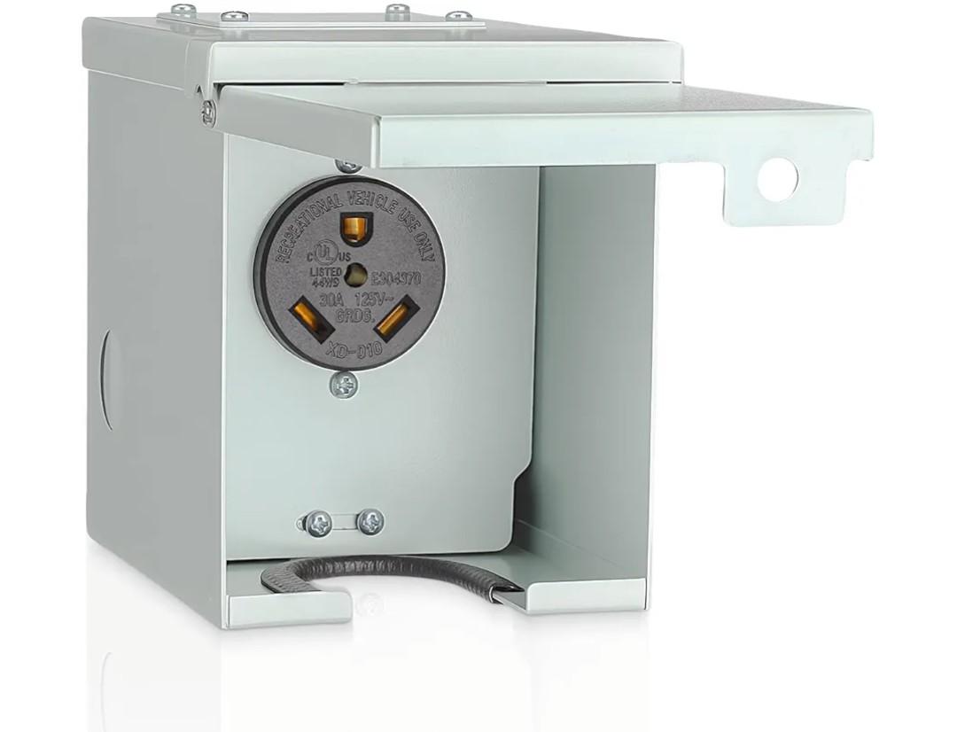 30 Amp RV Power Outlet Box, NEMA TT-30R Receptacle Outdoor Plug Panel, 125V Weatherproof Electrical Box for RV, Camper, Generator, and Temporary Power Applications