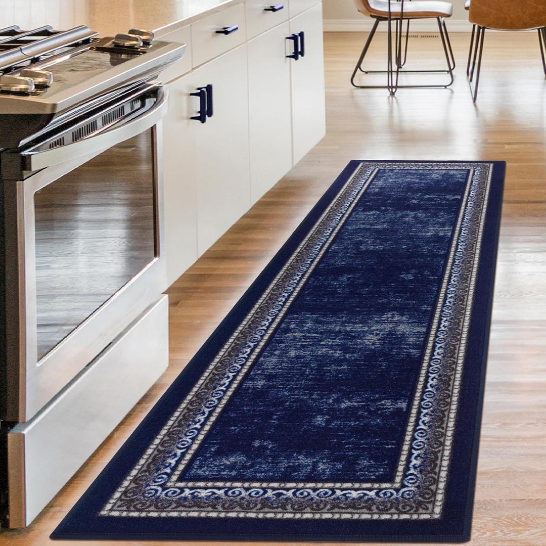 Antep Rugs Alfombras Bordered Modern 2x10 Non-Slip (Non-Skid) Low Pile Rubber Backing Indoor Area Runner Rug (Navy, 2' x 10')