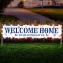 Breling 118 x 19. 7 Inch Large Welcome Banner Sign Decor with LED Patriotic Army Yard Sign Outdoor Family Military Army Homecoming Return Backdrop 2 Battery String Light 30 Plastic Clip, No Poles