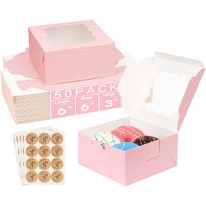 50Pcs 6x6x3 Cookie Boxes, Pink Bakery Boxes for Baked Goods, Cookies, Pastry, Strawberries, Macarons